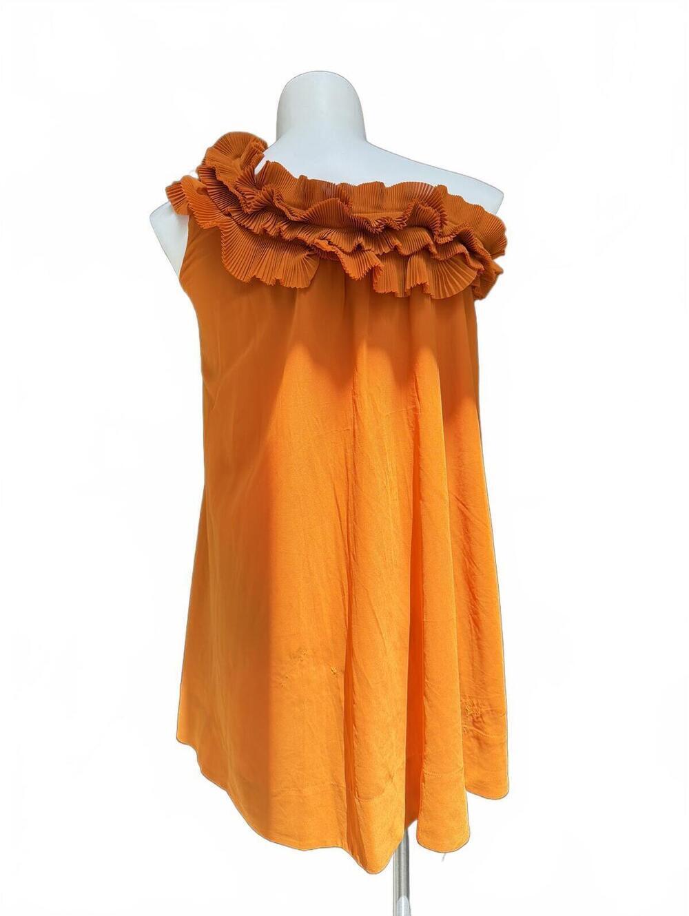 H&M Orange One Shoulder Ruffle Dress Pleated Swing Mini